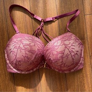 Victoria's Secret Bombshell Add 2 Cups Halter Padded Lace Bra Burgundy